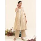 White Golden Hand Embroidered Tissue Kurta with Pants - Set of 2