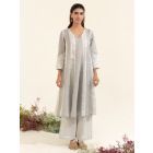 Grey White Hand Embroidered Tissue Kurta with Pants - Set of 2