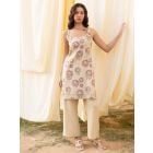 Beige Hand Block Printed Cotton Kurta with Pants - Set of 2