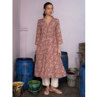 Red Hand Block Printed Cotton Kurta with Pants - Set of 2