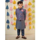 Blue Hand Block Printed Chanderi Kurta with Jacket and Pajama - Set of 3