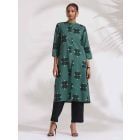 Green Printed Cotton Kurta with Pants- Set of 2