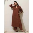 Brown Cotton Linen Kurta with Pants - Set of 2