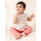 White Printed Cotton Jhabla with Pants- Set of 3