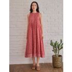 Red Hand Block Printed Cotton Mulmul Dress with Slip