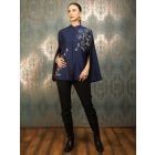Blue Embroidered Raw Silk Cape