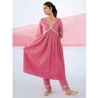 Pink Lace Work Cotton Kurta with Pants - Set of 2