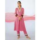 Pink Lace Work Cotton Kurta with Pants - Set of 2