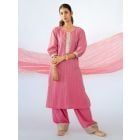 Pink Lace Work Cotton Kurta with Palazzo - Set of 2