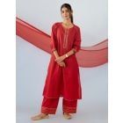 Red Lace Work Cotton Kurta with Palazzo - Set of 2