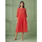 Coral Lace Work Cotton Dress