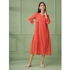 Coral Lace Work Cotton Silk Dress with Hand Block Printed Slip
