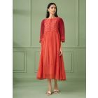Coral Lace Work Cotton Silk Dress with Slip