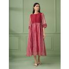 Red Striped Hand Block Printed Kota Cotton Dress with Slip