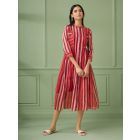 Red Striped Hand Block Printed Cotton Silk Dress with Slip