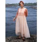 Peach Lace Work Cotton Silk Hand Block Printed Dress with Slip
