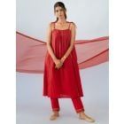 Red Lace Work Cotton Kurta with Pants - Set of 2