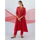 Red Lace Work Cotton Kurta with Pants - Set of 2