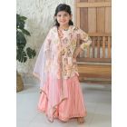 Peach Floral Printed Chanderi Silk Sharara Suit- Set of 3