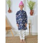 Blue Hand Block Printed  Cotton Kurta with Pajama - Set of 2