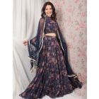 Violet Printed Chanderi Slub Blouse with Lehenga and Dupatta- Set of 3