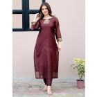 Maroon Chanderi Kurta With Pants - Set of 2