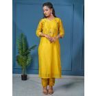 Yellow Embroidered Chanderi Kurta With Pants - Set of 2