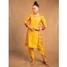 Yellow Printed Cotton Linen Kurta with Dhoti Pants - Set of 2