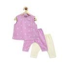 Purple Printed Cotton Satin Jhabla with Pants and Cream Pants- Set of 3