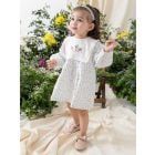 White Printed Cotton Dress with Bloomer and Headband- Set of 3