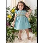 Blue Embroidered Cotton Dress with Bloomer and Headband- Set of 3