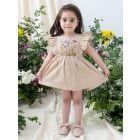 Beige Embroidered Cotton Dress with Bloomer and Headband- Set of 3