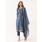 Indigo Printed Cotton Linen Embroidered Suit- Set of 3