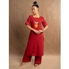 Red Patch Work Cotton Kurta with Pants - Set of 2