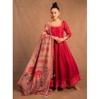 Maroon Lace Work Cotton Linen Dress with Dupatta - Set of 2