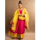 Pink Lace Work Cotton Linen Dress with Dupatta - Set of 2