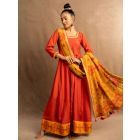 Rust Lace Work Cotton Linen Dress with Dupatta - Set of 2