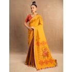 Yellow Rust Printed Cotton Linen Saree