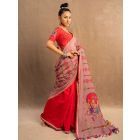 Old Rose Red Printed Cotton Linen Saree