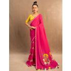 Pink Printed Cotton Linen Saree
