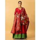 Red Cotton Linen Kurta with Printed Dupatta - Set of 2