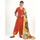 Orange Printed Cotton Linen Suit - Set of 3