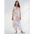 White Pink Printed Cotton Kurta