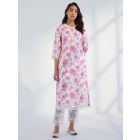 White Pink Printed Cotton Kurta