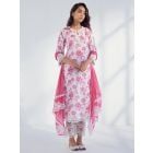 White Pink Printed Cotton Suit- Set of 3