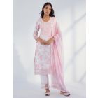 White Pink Printed Cotton Suit- Set of 3