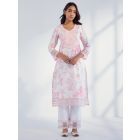 White Pink Printed Cotton Kurta