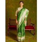 Green White Hand Block Printed Tussar Silk Saree