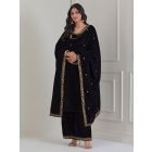 Black Embroidered Velvet Anarkali Suit - Set of 3