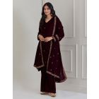 Burgundy Embroidered Velvet A-Line Suit - Set of 3